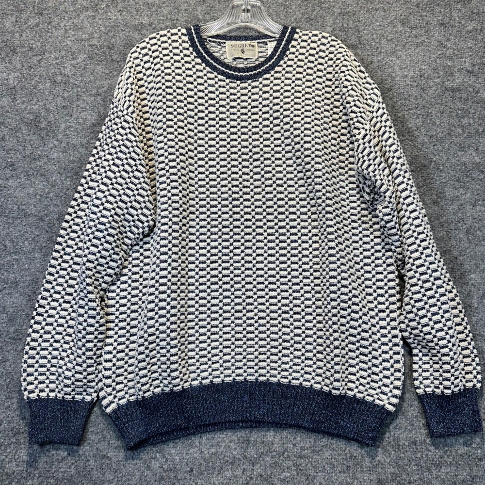 New Segreto Sweater Men Large Navy Blue Cream Textured Knit Italy Vintage Preppy